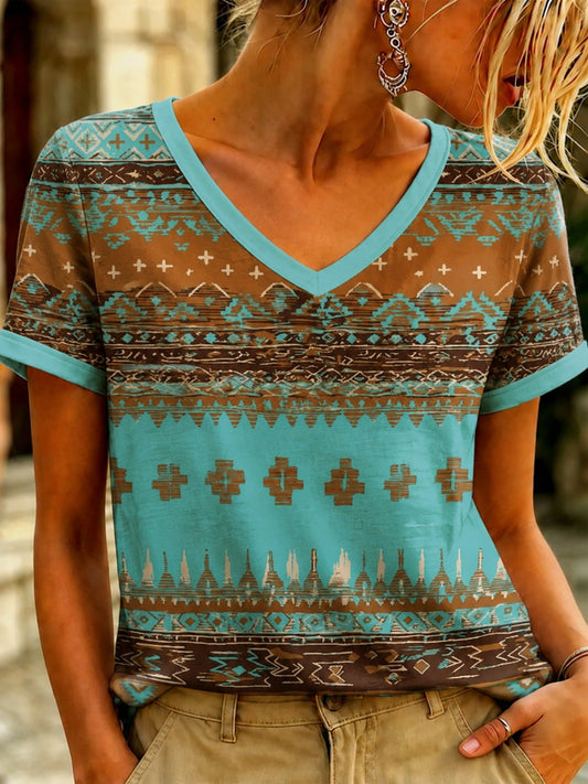 Women's Vintage Western Printed V-neck T-shirt