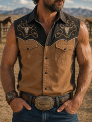Men's Retro Western Bull Skull Print Sleeveless Shirt