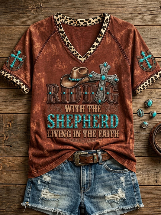 Women's Western Riding With The Shepherd Living In The Faith Print V-neck Short-sleeved T-shirt