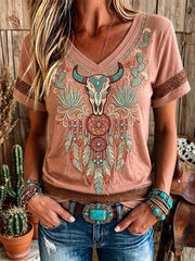 Women's Retro Western Bull Skull Art Print Short-sleeved T-shirt