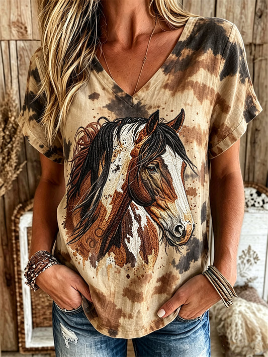 Women's western horse pattern ethnic style printed casual cotton and linen short-sleeved T-shirt
