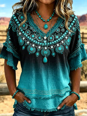 Women's western style ethnic pattern printed casual cotton and linen shirt