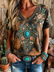 Women's Western Turquoise Floral Cross Faith Art Print Short-sleeved T-shirt