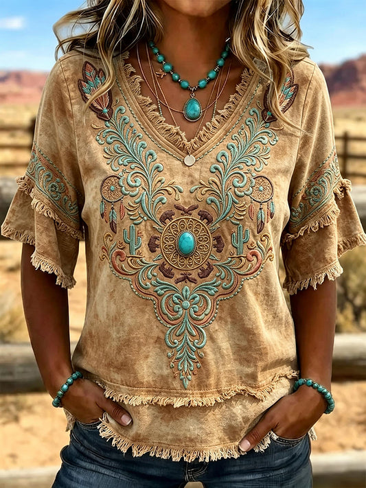 Women's Retro Western Pattern Print Tassel Cotton-Linen Shirt