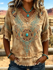 Women's Retro Western Pattern Print Tassel Cotton-Linen Shirt