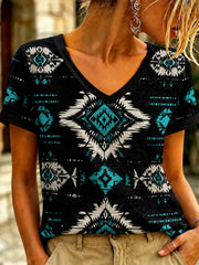 Women's Vintage Western Printed V-neck T-shirt