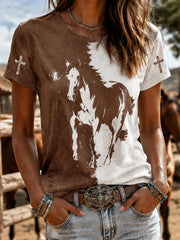 Women's Retro Western Horse Short Sleeve T-shirt