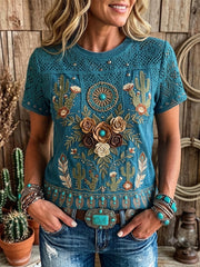 Women's Retro Western Pattern Lace Patchwork Art Print Short-sleeved T-shirt
