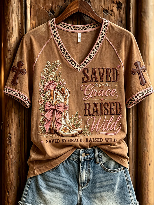 Women's Vintage Saved By Grace Raised Wild Western Print short-sleeved T-shirt