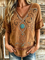 Women's Vintage Western Turquoise Floral Art Print Layered Fringe Trim Cotton-Linen Shirt