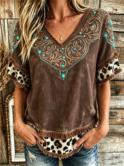 Women's Vintage Western Turquoise Floral Leopard Print Layered Fringe Trim Cotton-Linen Shirt
