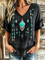 Women's Vintage Western Turquoise Art Print Layered Fringe Trim Cotton-Linen Shirt