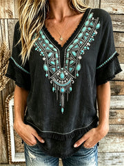 Women's Vintage Western Turquoise Art Print Layered Fringe Trim Cotton-Linen Shirt