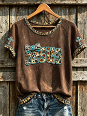 Women's retro western style faith slogan pattern printed casual short-sleeve T-shirt