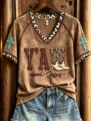Women's Y'all Need Jesus Western Boots Turquoise Cross Leopard Print short-sleeved T-shirt