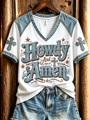 Women's Western Jesus Howdy and Amen Cross Denim Art Print short-sleeved T-shirt