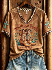Women's Walk By Faith Not By Sight Western Boots Turquoise Cross Leopard Print short-sleeved T-shirt
