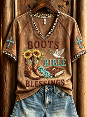 Women's Boots Bible Blessings Turquoise Cross Leopard Print short-sleeved T-shirt