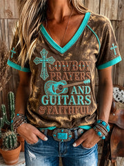 Women's Vintage Western Faith Art Print V-neck Short-sleeved T-shirt