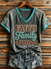 Women's Retro Western Faith Family & Freedom Cross Print V-neck Short-sleeved T-shirt