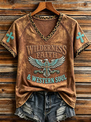 Women's Wilderness Faith & Western Soul Cross Print V-neck Short-sleeved T-shirt