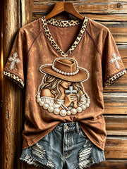 Women's Praying Cowgirl Western Faith Art Print V-neck Short-sleeved T-shirt