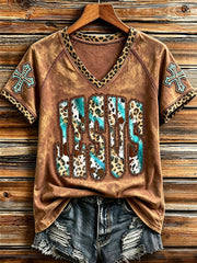 Women's Vintage Turquoise Western Jesus Cross Print V-neck Short-sleeved T-shirt