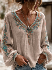 Women's Vintage Western Printed V-neck Cotton-Linen Shirt