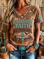Women's Faith & Western Soul Turquoise Cross Print V-neck Short-sleeved T-shirt