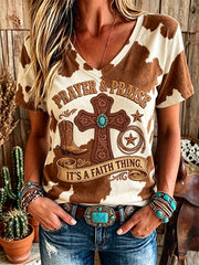 Women's Retro Prayer & Praise Western Cross Print Short-sleeved T-shirt