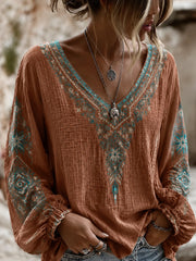 Women's Vintage Western Printed V-neck Cotton-Linen Shirt