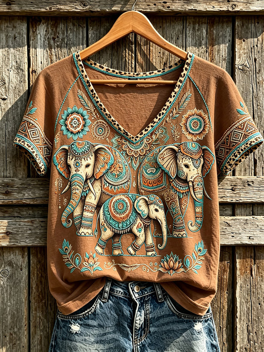 Women's retro western-style animal pattern printed casual short-sleeve T-shirt