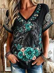 Women's retro western style pattern printed casual linen short-sleeve T-shirt