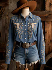 Women's Retro Western Floral Bull Skull Print Long-Sleeve Shirt