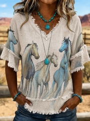 Women's Western horse print Cotton-Linen Shirt