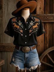 Women's Retro Western Floral Horse Print Short-Sleeve Shirt