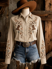 Women's Retro Western Floral Boots Print Long-Sleeve Shirt