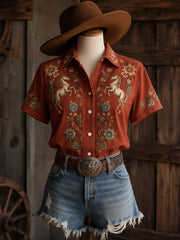 Women's Retro Western Bull Skull Print Short-Sleeve Shirt