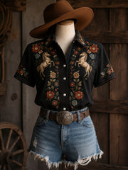 Women's Retro Western Bull Skull Print Short-Sleeve Shirt