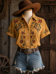 Women's Retro Western Bull Skull Print Short-Sleeve Shirt