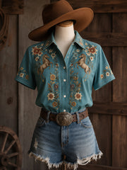 Women's Retro Western Bull Skull Print Short-Sleeve Shirt