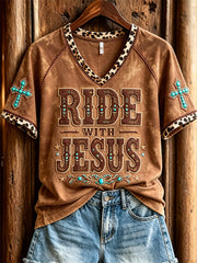 Women's Ride with Jesus Turquoise Cross Leopard Print short-sleeved T-shirt