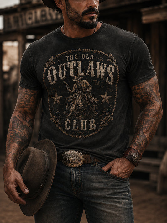 Men's Retro Western Cowboy Skull Graphic Distressed T-Shirt