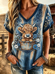 Women's retro western style animal print casual linen short-sleeve T-shirt
