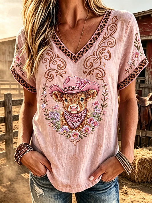 Women's retro western style animal print casual linen short-sleeve T-shirt