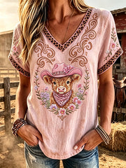 Women's retro western style animal print casual linen short-sleeve T-shirt