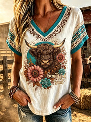Women's retro western style animal print casual linen short-sleeve T-shirt