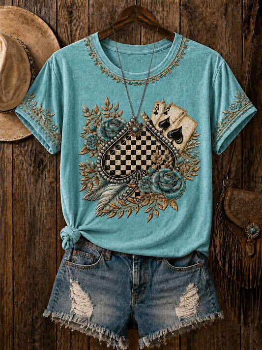 Women's Western Card Print Casual T-Shirt