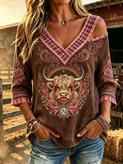 Women's retro western style animal print casual cotton-linen shirt