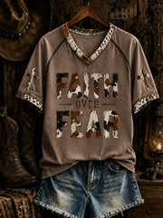Women's Retro Western Christian Faith Over Fear Cross Short Sleeve T-shirt
